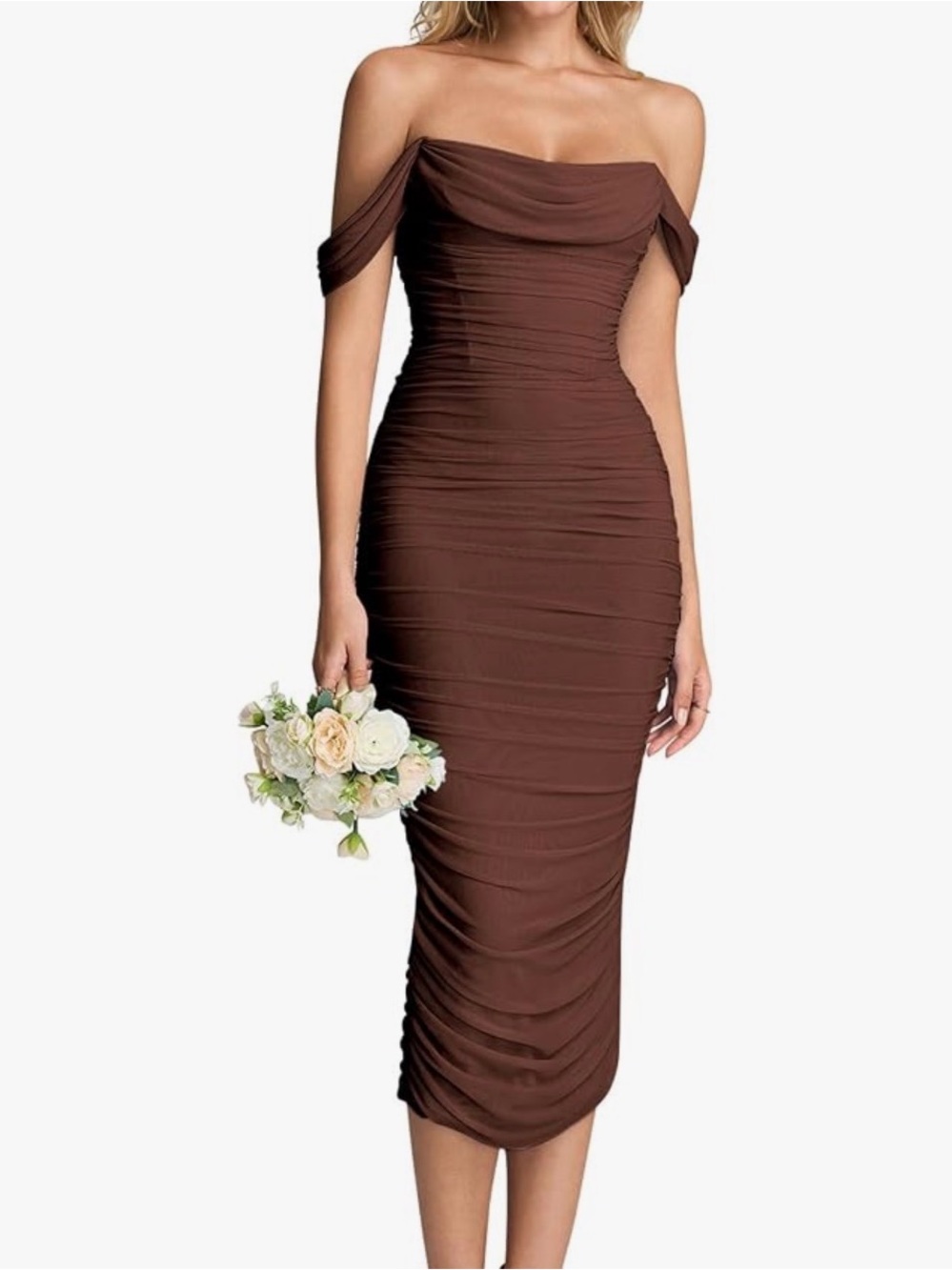 Off-Shoulder Ruched Midi Dress in Brown